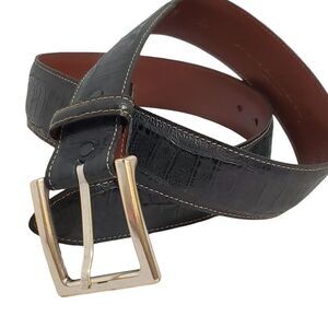 Torino Mens Leather Belt‎ Size 34 contrast Stitching Black Embossed Italian Calf